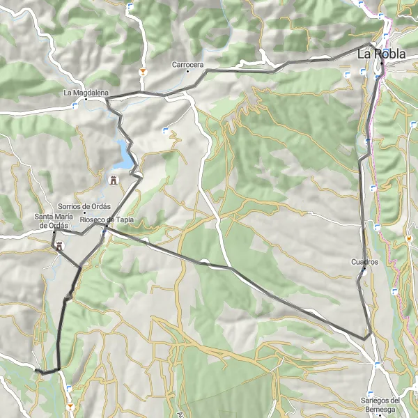 Miniatua del mapa de inspiración ciclista "Ruta en bicicleta de carretera desde La Robla" en Castilla y León, Spain. Generado por Tarmacs.app planificador de rutas ciclistas