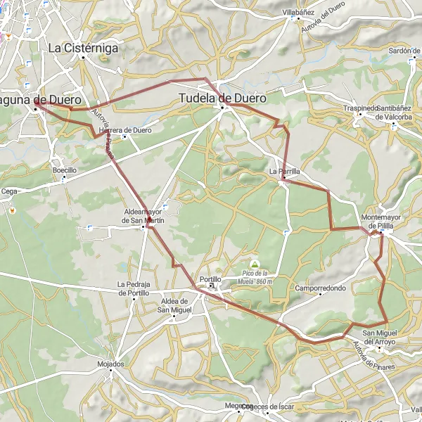 Map miniature of "Rural Gravel Loop: Tudela de Duero Exploration" cycling inspiration in Castilla y León, Spain. Generated by Tarmacs.app cycling route planner