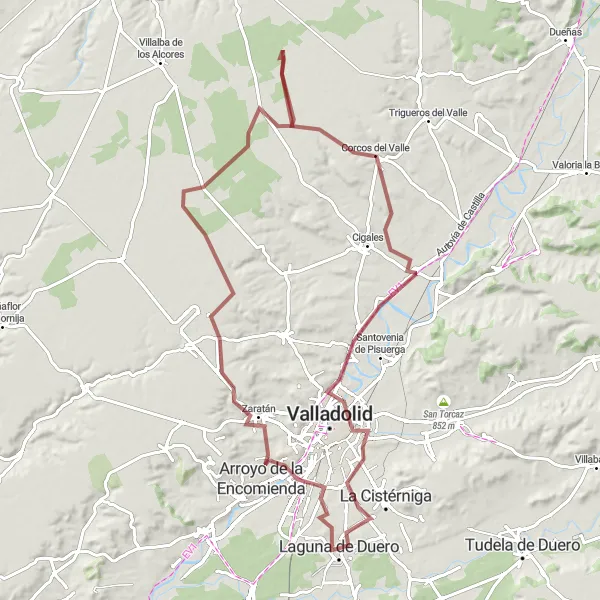 Map miniature of "The Palatial Gravel Ride: Arroyo de la Encomienda Loop" cycling inspiration in Castilla y León, Spain. Generated by Tarmacs.app cycling route planner