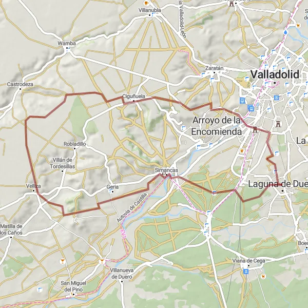 Map miniature of "Gorgeous Gravel Escape: Simancas Route" cycling inspiration in Castilla y León, Spain. Generated by Tarmacs.app cycling route planner