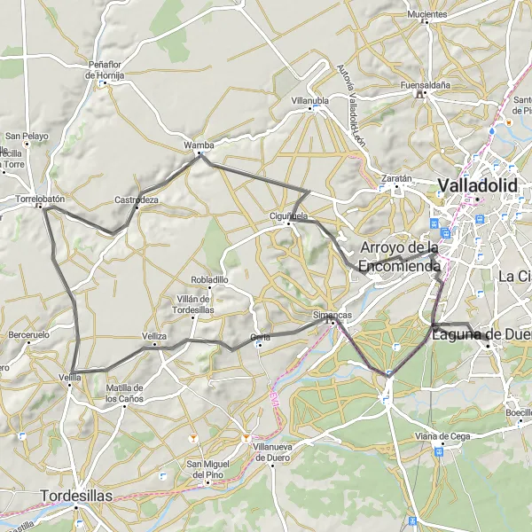 Miniatura mapy "Trasa rowerowa przez Simancas, Velliza, Castrodeza, Arroyo de la Encomienda, Mirador Parque de los Almendros do Laguna de Duero" - trasy rowerowej w Castilla y León, Spain. Wygenerowane przez planer tras rowerowych Tarmacs.app