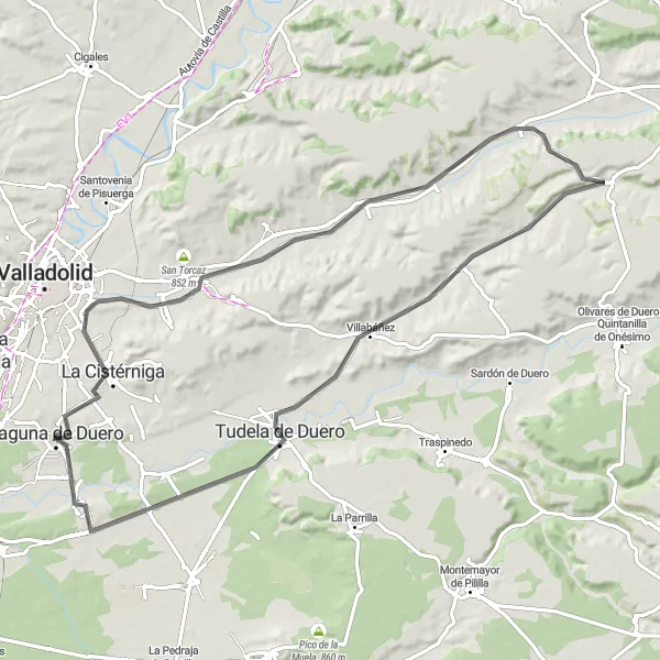 Miniatura mapy "Trasa Szosowa: Laguna de Duero - La Cistérniga - Cerro de San Cristóbal - Villarmentero de Esgueva - Castrillo-Tejeriego - Tudela de Duero - Boecillo" - trasy rowerowej w Castilla y León, Spain. Wygenerowane przez planer tras rowerowych Tarmacs.app