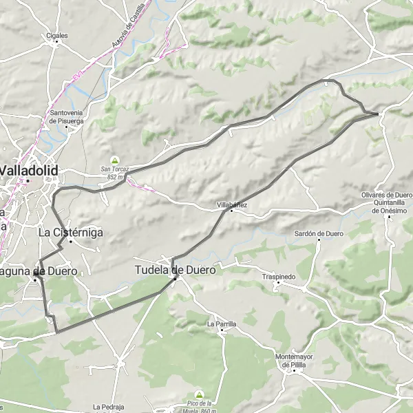 Map miniature of "Road Route near Laguna de Duero" cycling inspiration in Castilla y León, Spain. Generated by Tarmacs.app cycling route planner