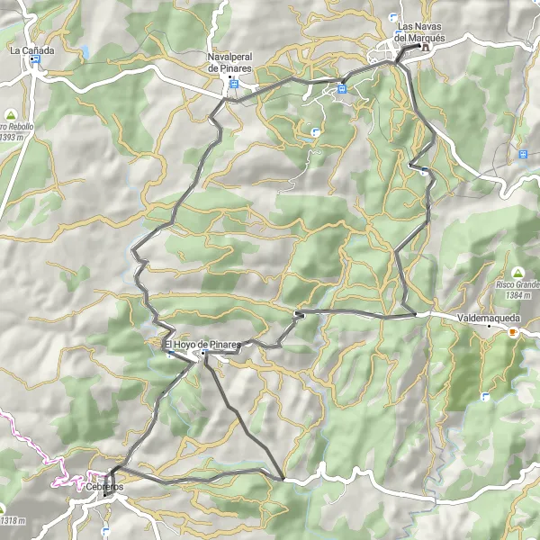 Map miniature of "Las Navas del Marqués Road Route" cycling inspiration in Castilla y León, Spain. Generated by Tarmacs.app cycling route planner