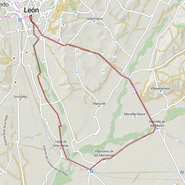 Miniatura mapy "Przyjemna trasa rowerowa na grawelowych drogach w pobliżu León" - trasy rowerowej w Castilla y León, Spain. Wygenerowane przez planer tras rowerowych Tarmacs.app