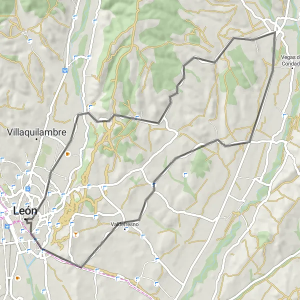 Miniatura mapy "Rowerowa trasa na drodze w pobliżu León" - trasy rowerowej w Castilla y León, Spain. Wygenerowane przez planer tras rowerowych Tarmacs.app