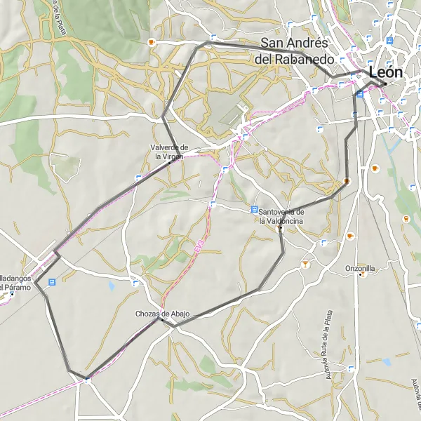 Map miniature of "Santovenia de la Valdoncina Ride" cycling inspiration in Castilla y León, Spain. Generated by Tarmacs.app cycling route planner