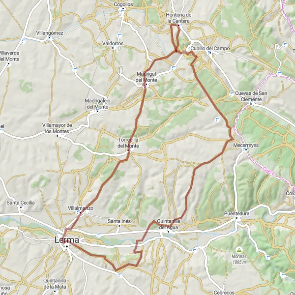 Miniatua del mapa de inspiración ciclista "Ruta de ciclismo por caminos de grava cerca de Lerma" en Castilla y León, Spain. Generado por Tarmacs.app planificador de rutas ciclistas