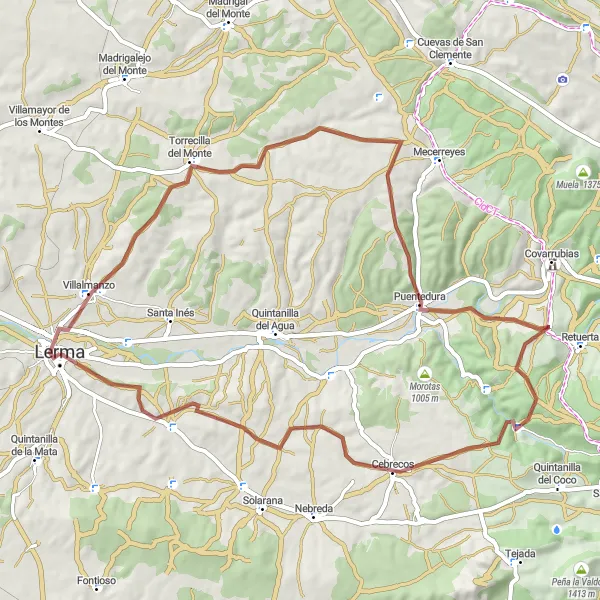 Map miniature of "Lerma - Mirador de los Arcos - Cebrecos - Revilla-Cabriada" cycling inspiration in Castilla y León, Spain. Generated by Tarmacs.app cycling route planner