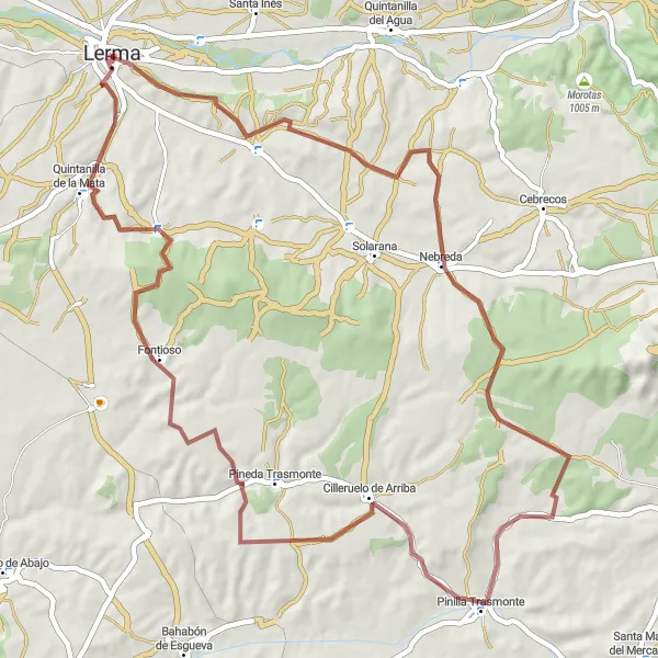 Miniatua del mapa de inspiración ciclista "Ruta de ciclismo por caminos de grava desde Lerma" en Castilla y León, Spain. Generado por Tarmacs.app planificador de rutas ciclistas