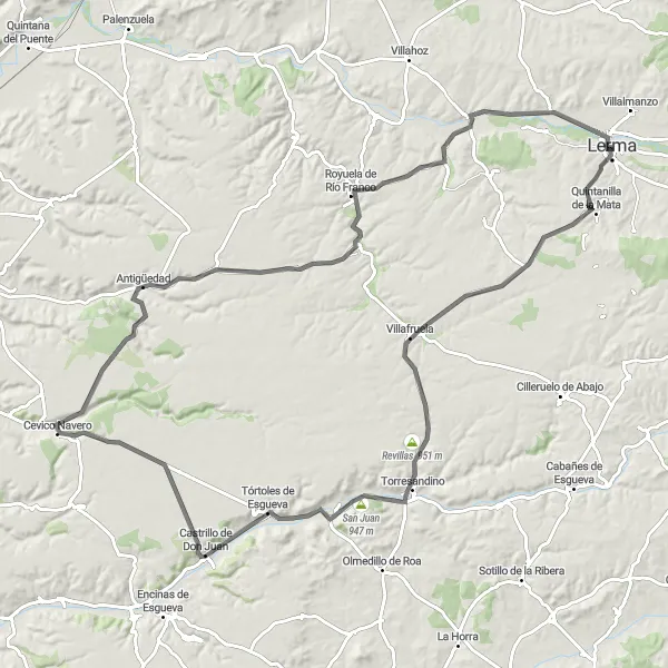 Miniatua del mapa de inspiración ciclista "Ruta de ciclismo en carretera cerca de Lerma" en Castilla y León, Spain. Generado por Tarmacs.app planificador de rutas ciclistas