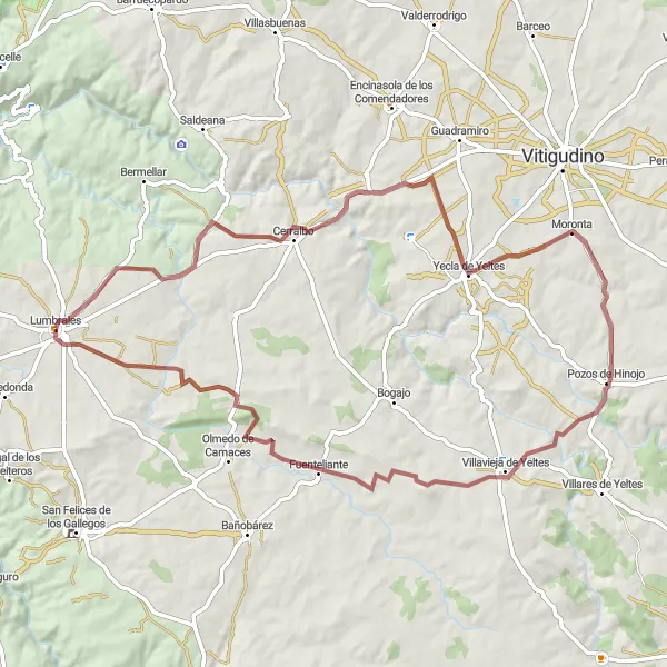 Miniatuurkaart van de fietsinspiratie "Rondrit van Lumbrales naar Cerralbo en terug (gravel)" in Castilla y León, Spain. Gemaakt door de Tarmacs.app fietsrouteplanner