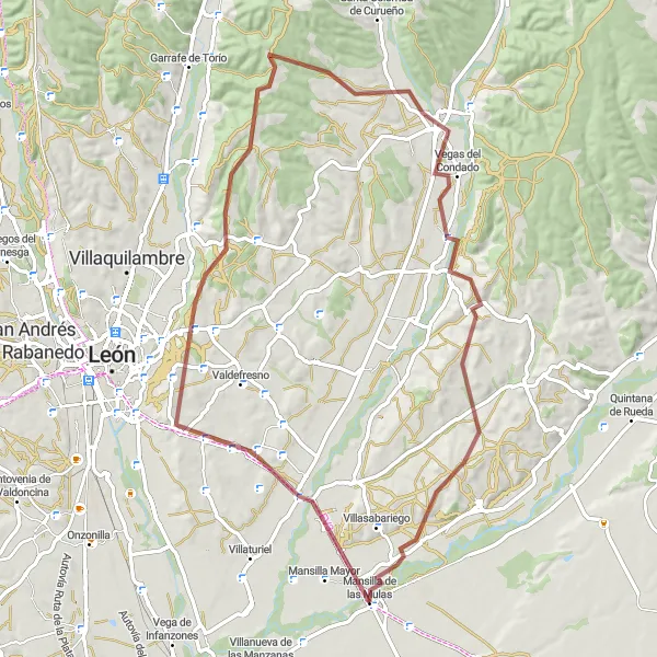 Miniatua del mapa de inspiración ciclista "Ruta en bicicleta de grava desde Mansilla de las Mulas" en Castilla y León, Spain. Generado por Tarmacs.app planificador de rutas ciclistas