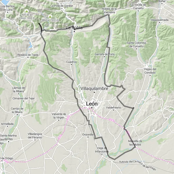 Map miniature of "Exploring León's Outskirts" cycling inspiration in Castilla y León, Spain. Generated by Tarmacs.app cycling route planner