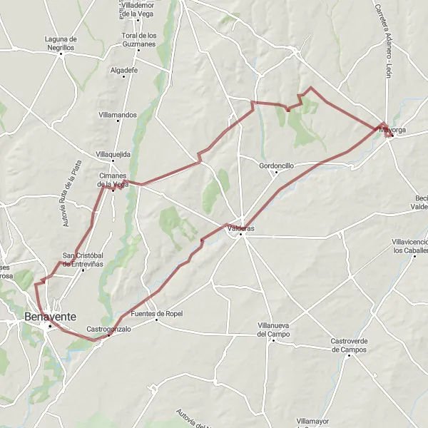 Miniatuurkaart van de fietsinspiratie "Gravelroute naar Valderas, Castrogonzalo, Benavente, Cimanes de la Vega, Fuentes de Carbajal en Mayorga" in Castilla y León, Spain. Gemaakt door de Tarmacs.app fietsrouteplanner