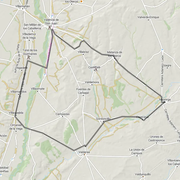 Miniatuurkaart van de fietsinspiratie "Wegroute naar Gordoncillo, Villaquejida, Algadefe, Mirador del Esla, Matanza de los Oteros en Mayorga" in Castilla y León, Spain. Gemaakt door de Tarmacs.app fietsrouteplanner