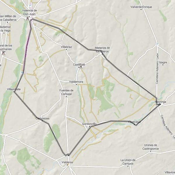 Map miniature of "Exploring Oteros Lands on Two Wheels" cycling inspiration in Castilla y León, Spain. Generated by Tarmacs.app cycling route planner