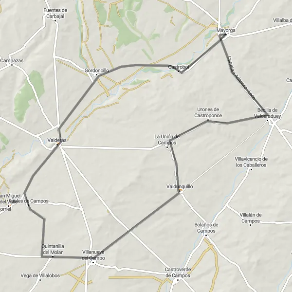 Map miniature of "Mayorga Loop" cycling inspiration in Castilla y León, Spain. Generated by Tarmacs.app cycling route planner