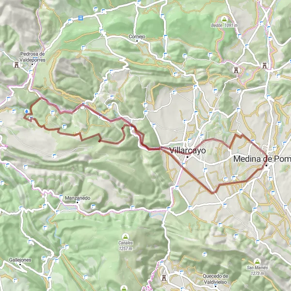 Miniatua del mapa de inspiración ciclista "Ruta de Grava hacia Puentedey and Coterejón" en Castilla y León, Spain. Generado por Tarmacs.app planificador de rutas ciclistas