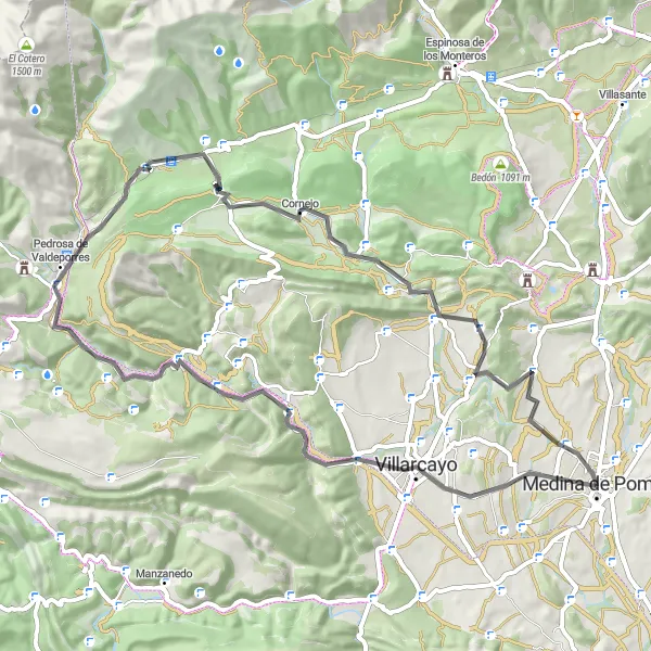 Map miniature of "Medina de Pomar Circuit" cycling inspiration in Castilla y León, Spain. Generated by Tarmacs.app cycling route planner