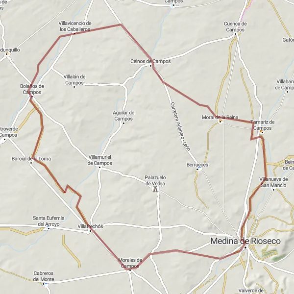 Map miniature of "De Campos Loop" cycling inspiration in Castilla y León, Spain. Generated by Tarmacs.app cycling route planner