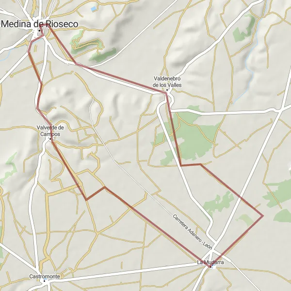 Miniatua del mapa de inspiración ciclista "Ruta en bicicleta de grava cerca de Medina de Ríoseco" en Castilla y León, Spain. Generado por Tarmacs.app planificador de rutas ciclistas