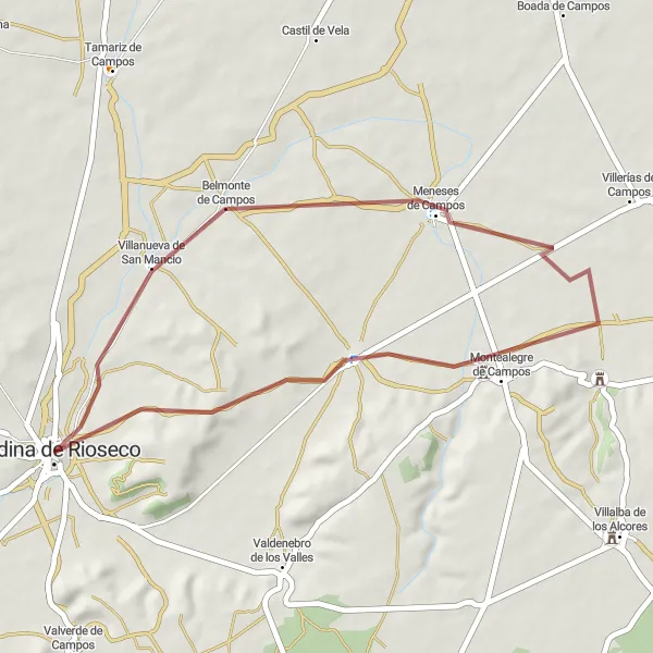 Miniatua del mapa de inspiración ciclista "Ruta de Medina de Rioseco a Montealegre de Campos" en Castilla y León, Spain. Generado por Tarmacs.app planificador de rutas ciclistas