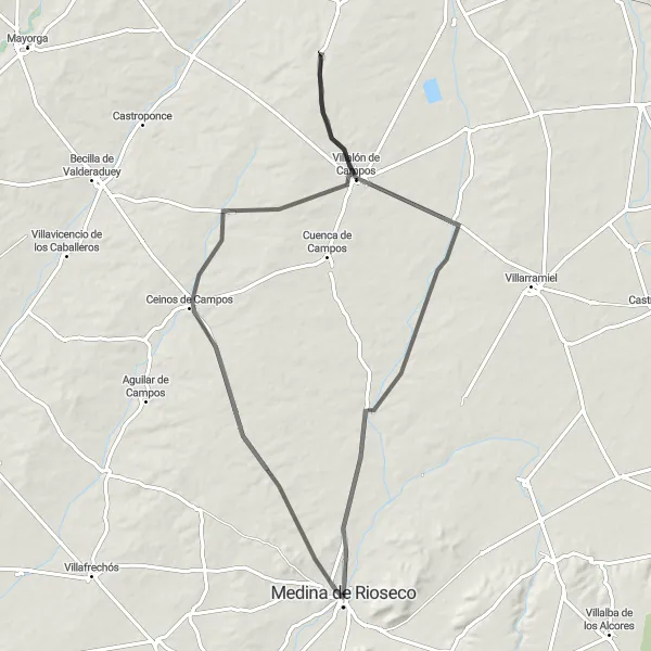 Map miniature of "Berrueces Loop Road Route" cycling inspiration in Castilla y León, Spain. Generated by Tarmacs.app cycling route planner