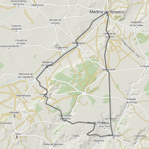 Map miniature of "Medina de Rioseco Enchanted Road Route" cycling inspiration in Castilla y León, Spain. Generated by Tarmacs.app cycling route planner