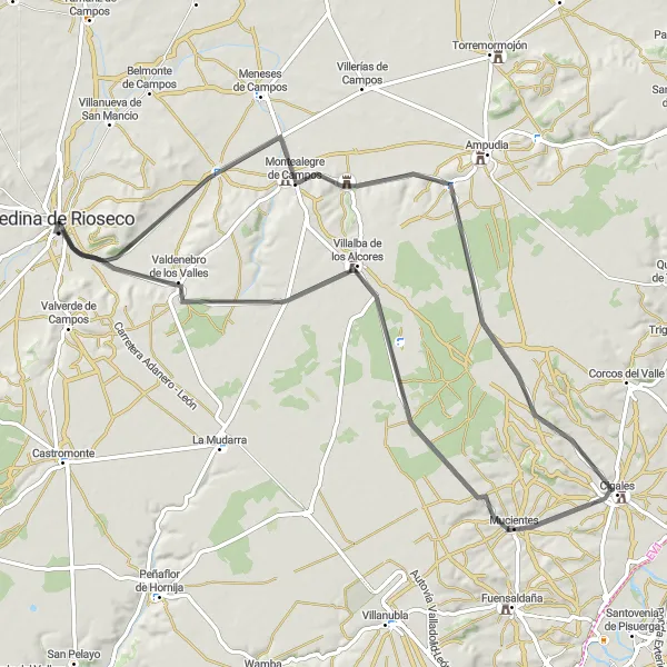 Map miniature of "Ríoseco to Montealegre de Campos Loop" cycling inspiration in Castilla y León, Spain. Generated by Tarmacs.app cycling route planner