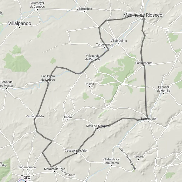 Map miniature of "Medina de Rioseco Loop" cycling inspiration in Castilla y León, Spain. Generated by Tarmacs.app cycling route planner