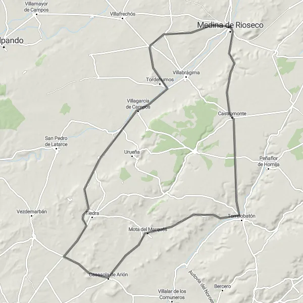 Map miniature of "Medina de Ríoseco Loop" cycling inspiration in Castilla y León, Spain. Generated by Tarmacs.app cycling route planner