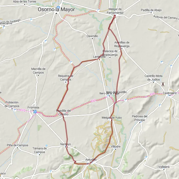 Miniatuurkaart van de fietsinspiratie "Rondrit Castilla y Leon gravelroute naar Lantadilla" in Castilla y León, Spain. Gemaakt door de Tarmacs.app fietsrouteplanner