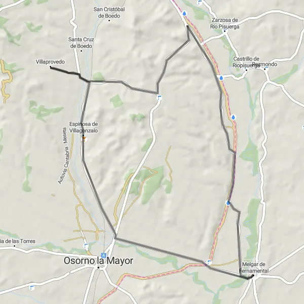 Map miniature of "Road Cycling Adventure from Melgar de Fernamental" cycling inspiration in Castilla y León, Spain. Generated by Tarmacs.app cycling route planner