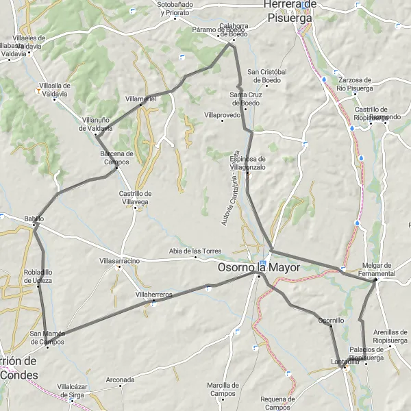 Miniatua del mapa de inspiración ciclista "Ruta de bicicleta de carretera cerca de Melgar de Fernamental" en Castilla y León, Spain. Generado por Tarmacs.app planificador de rutas ciclistas