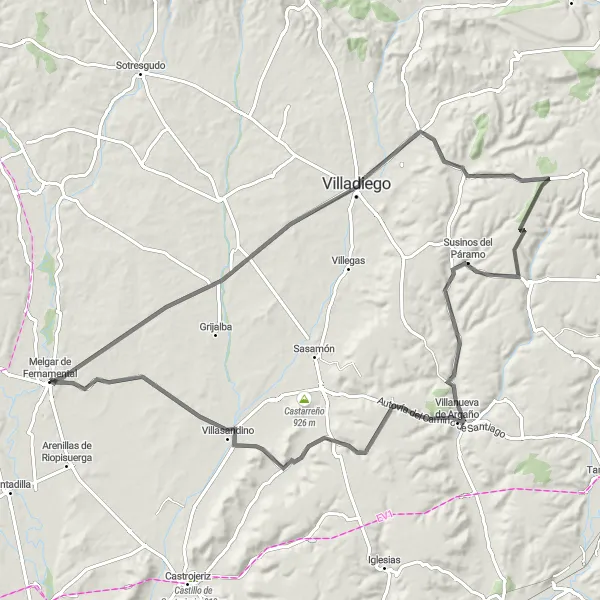 Miniatuurkaart van de fietsinspiratie "Rondrit Castilla y Leon naar Sordillos via Melgar de Fernamental" in Castilla y León, Spain. Gemaakt door de Tarmacs.app fietsrouteplanner