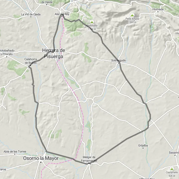 Miniatua del mapa de inspiración ciclista "Ruta de bicicleta de carretera cerca de Melgar de Fernamental" en Castilla y León, Spain. Generado por Tarmacs.app planificador de rutas ciclistas