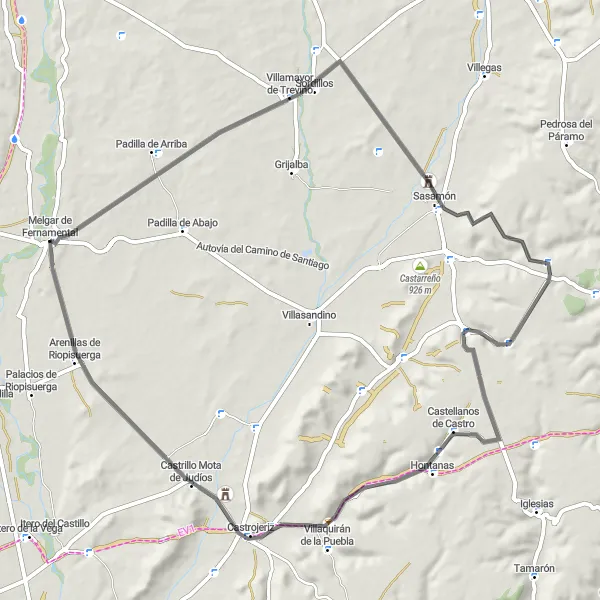 Map miniature of "Discovering Castilla y León" cycling inspiration in Castilla y León, Spain. Generated by Tarmacs.app cycling route planner