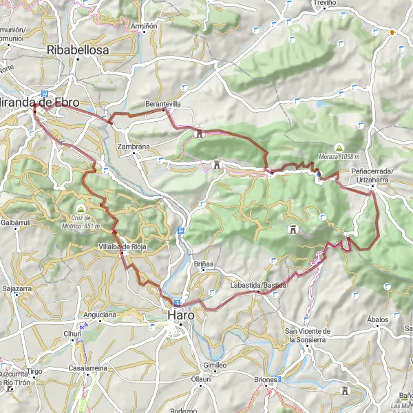 Miniatuurkaart van de fietsinspiratie "Gravel Route rond Miranda de Ebro (uitdagend)" in Castilla y León, Spain. Gemaakt door de Tarmacs.app fietsrouteplanner