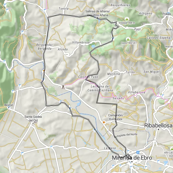 Miniaturekort af cykelinspirationen "Rundtur på landevej i nærheden af Miranda de Ebro" i Castilla y León, Spain. Genereret af Tarmacs.app cykelruteplanlægger