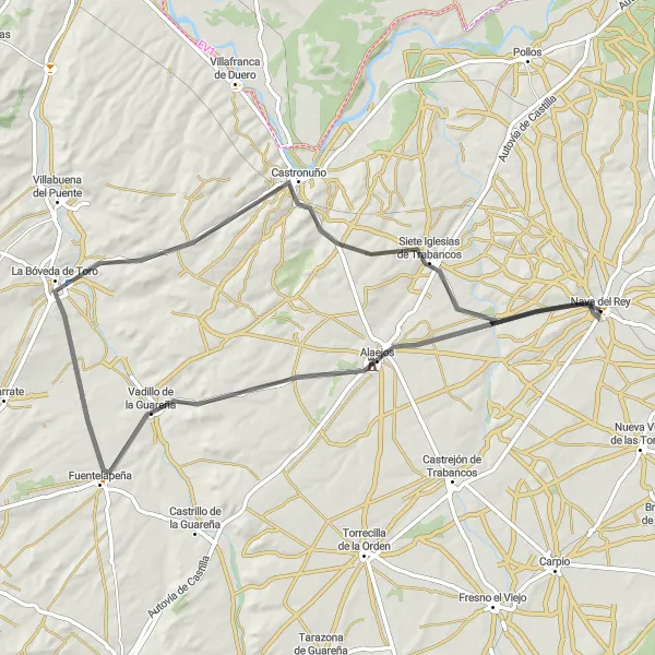 Map miniature of "Alaejos and the Surrounding Beauty" cycling inspiration in Castilla y León, Spain. Generated by Tarmacs.app cycling route planner