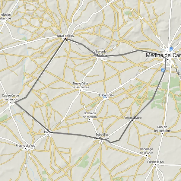 Map miniature of "Road Route through Villaverde de Medina, Medina del Campo, Bobadilla del Campo, Castrejón de Trabancos, and Nava del Rey" cycling inspiration in Castilla y León, Spain. Generated by Tarmacs.app cycling route planner