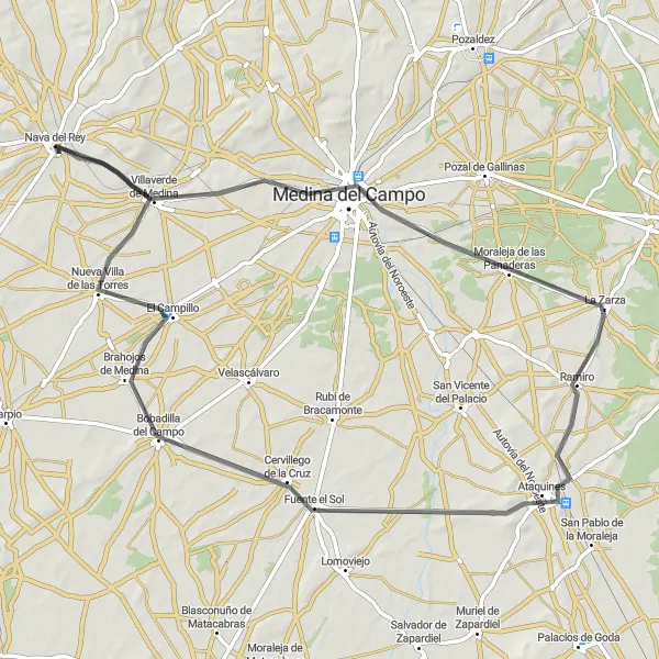 Map miniature of "Villaverde de Medina and Fuente el Sol Road Adventure" cycling inspiration in Castilla y León, Spain. Generated by Tarmacs.app cycling route planner