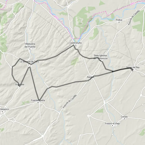 Map miniature of "Alaejos and La Bóveda de Toro Road Challenge" cycling inspiration in Castilla y León, Spain. Generated by Tarmacs.app cycling route planner