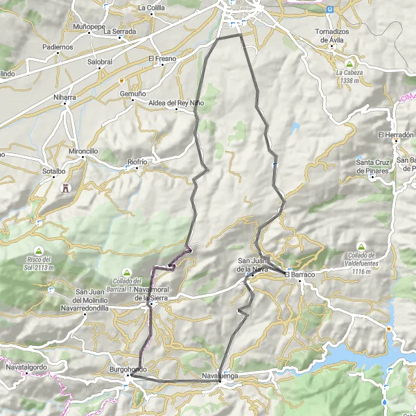 Map miniature of "Navaluenga Loop" cycling inspiration in Castilla y León, Spain. Generated by Tarmacs.app cycling route planner