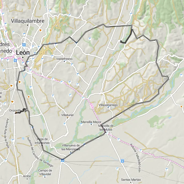 Miniatua del mapa de inspiración ciclista "Ruta de Ciclismo en Carretera desde Onzonilla a Vega de Infanzones" en Castilla y León, Spain. Generado por Tarmacs.app planificador de rutas ciclistas