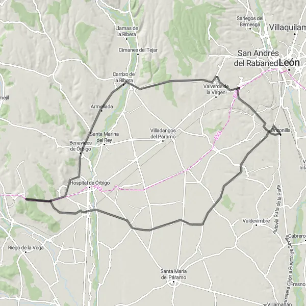 Miniatua del mapa de inspiración ciclista "Ruta de Ciclismo de Carretera desde Onzonilla a Ardoncino" en Castilla y León, Spain. Generado por Tarmacs.app planificador de rutas ciclistas