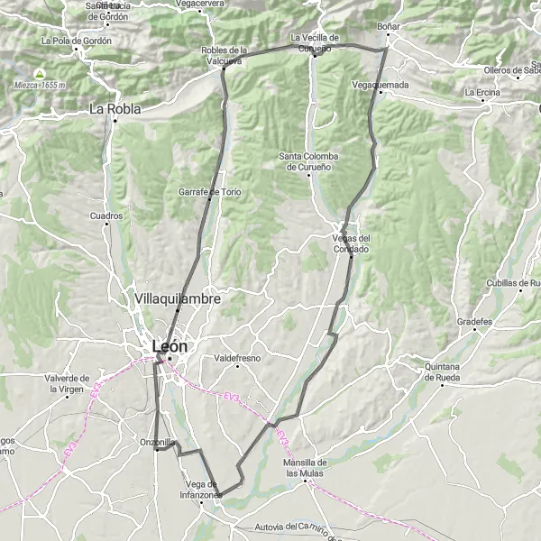 Miniatuurkaart van de fietsinspiratie "Rondrit vanaf Onzonilla naar Villaquilambre" in Castilla y León, Spain. Gemaakt door de Tarmacs.app fietsrouteplanner