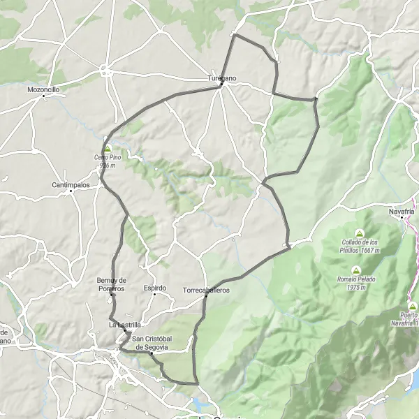 Map miniature of "Road Route near Palazuelos de Eresma" cycling inspiration in Castilla y León, Spain. Generated by Tarmacs.app cycling route planner