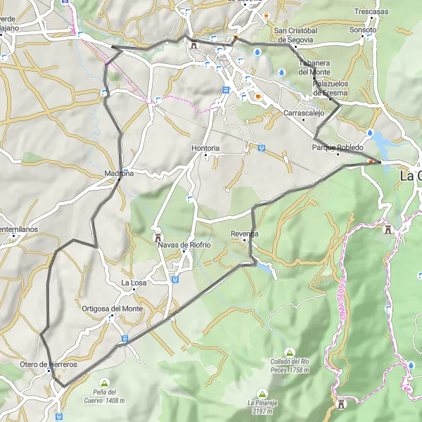 Map miniature of "Road Route near Palazuelos de Eresma" cycling inspiration in Castilla y León, Spain. Generated by Tarmacs.app cycling route planner